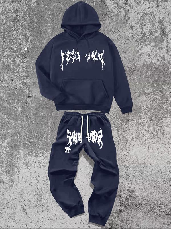 Men's Hoodie and Pants Set American Streetwear with Lightning Cross Print Stylish Casual Wear Featuring Slight Stretch and Detailed Pockets Black Trouser Longsleeves