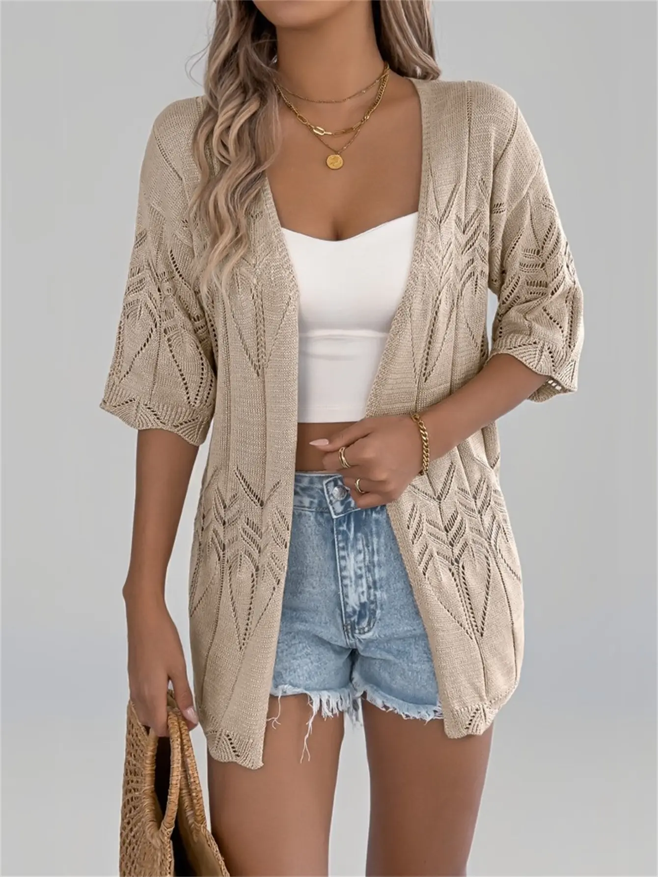 Women Beach Vacation Crochet Lace Knit Cardigan Cover Up Solid Summer Short Sleeve Lightweight