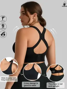 Women's Large Size Shockproof Gathered Bra Strap Removable Pads Sports Backless Bra, Adjustable Buckle, Yoga Fitness Running Tank Top