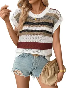 Cakulo Women's Short Striped Polyester Knit Cardigan - Chic, Color-Blocked Openwork, Round Neck, Bat-Sleeve, Soft Fitted, Fall-Ready, Everyday Casual Elegance Top,summerwins