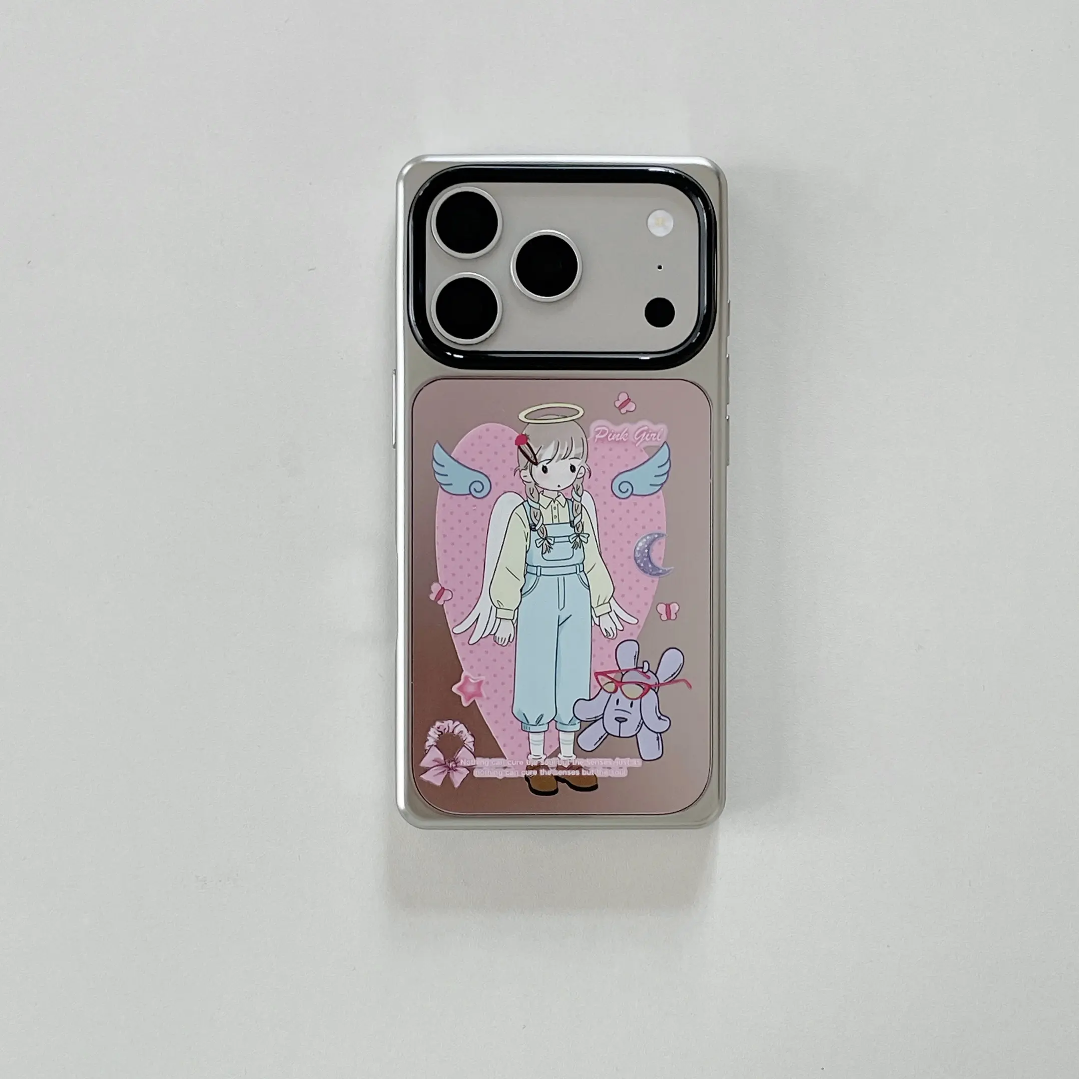 Electroplated Silver Mirror Z Flip Phone Case, Cartoon Cinnamoroll Mix Stickers / Angel Wing Girl Print Cute Kawaii Foldable Shockproof Cover