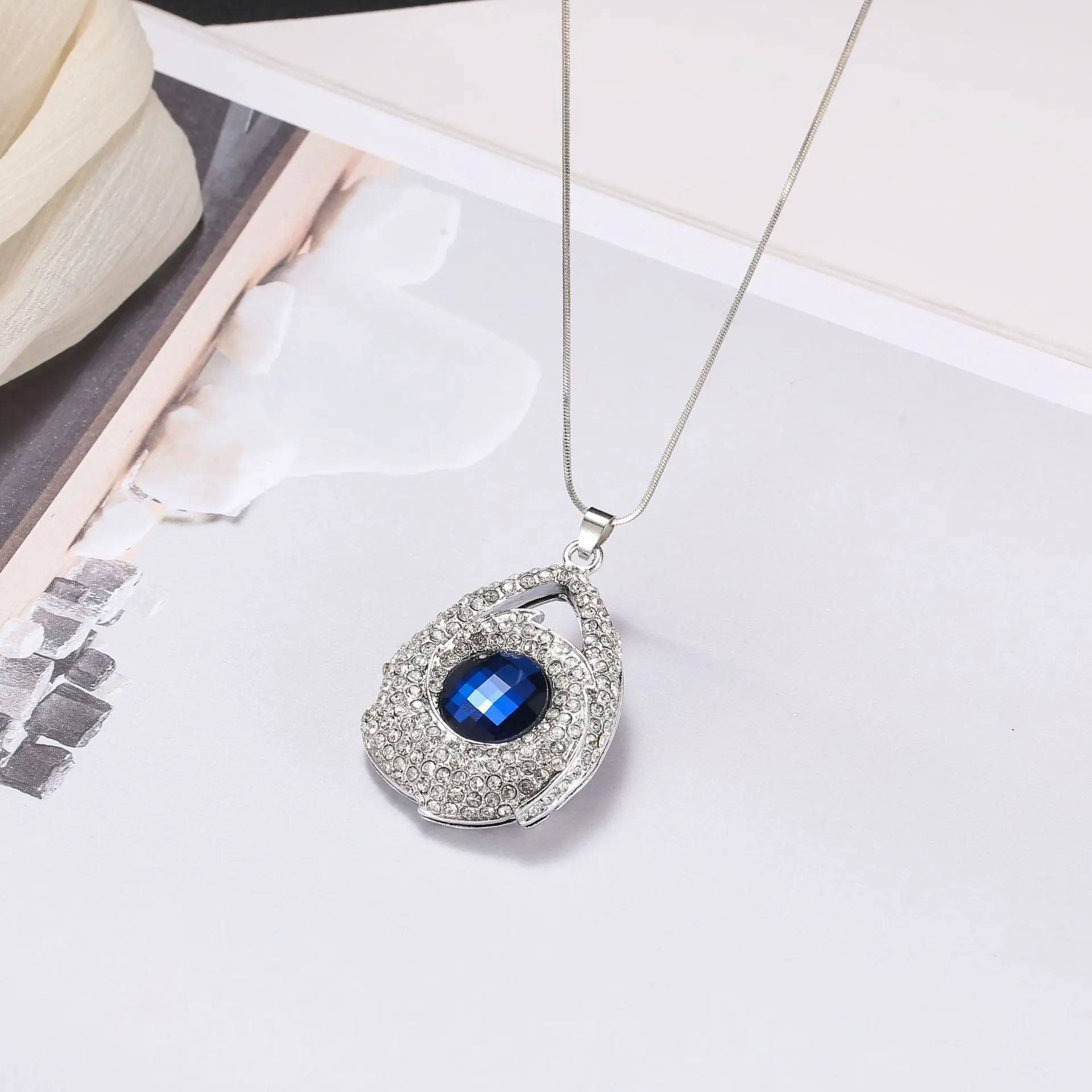 143 Rhinestone Blue Water Drop Necklace