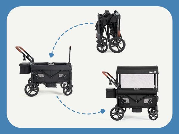 HARPPA Foldable 4 Seater Stroller Wagon, Mosquito Net & Canopy UPF50+, Stroller for Baby Toddler with Storage Bag, All-Terrain Wheels, Adjustable Handle & Cup Holder, Snack Tray