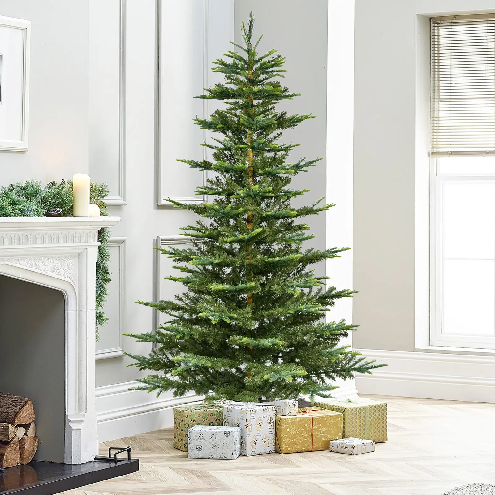 Pre-Lit Aspen Fir Artificial Christmas Tree, 5/6/7 FT Xmas Tree with Warm White Lights, Layered Sparse Design, Hinged PE & PVC Branch Tips, Indoor Festive Home Decoration