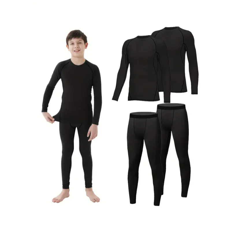 Boys' 2-Pack 2-Pieces Compression Sets (Long Sleeves with Shorts, Base-Layer Pants) - Regular Fit, Polyester Blend, Quick-Dry for Running, Skiing Workouts