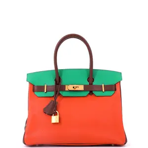 Pre-owned HERMÈS Leather Tote Bags REBAG Hermes Birkin Handbag Tricolor Chevre Mysore with Gold Hardware 30 by Rebag
