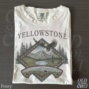 Yellowstone National Park Vintage T-Shirt, Bald Eagle Mountain Graphic Tee, 90s Hiking Nature Shirt, Comfort Colors Ivory Wildlife Top