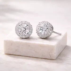 Simulated Moissanite Stud Earrings for Women, Round Brilliant Cut High Sparkle Silver Plated Studs, Luxury Zirconia Daily Wear Earrings