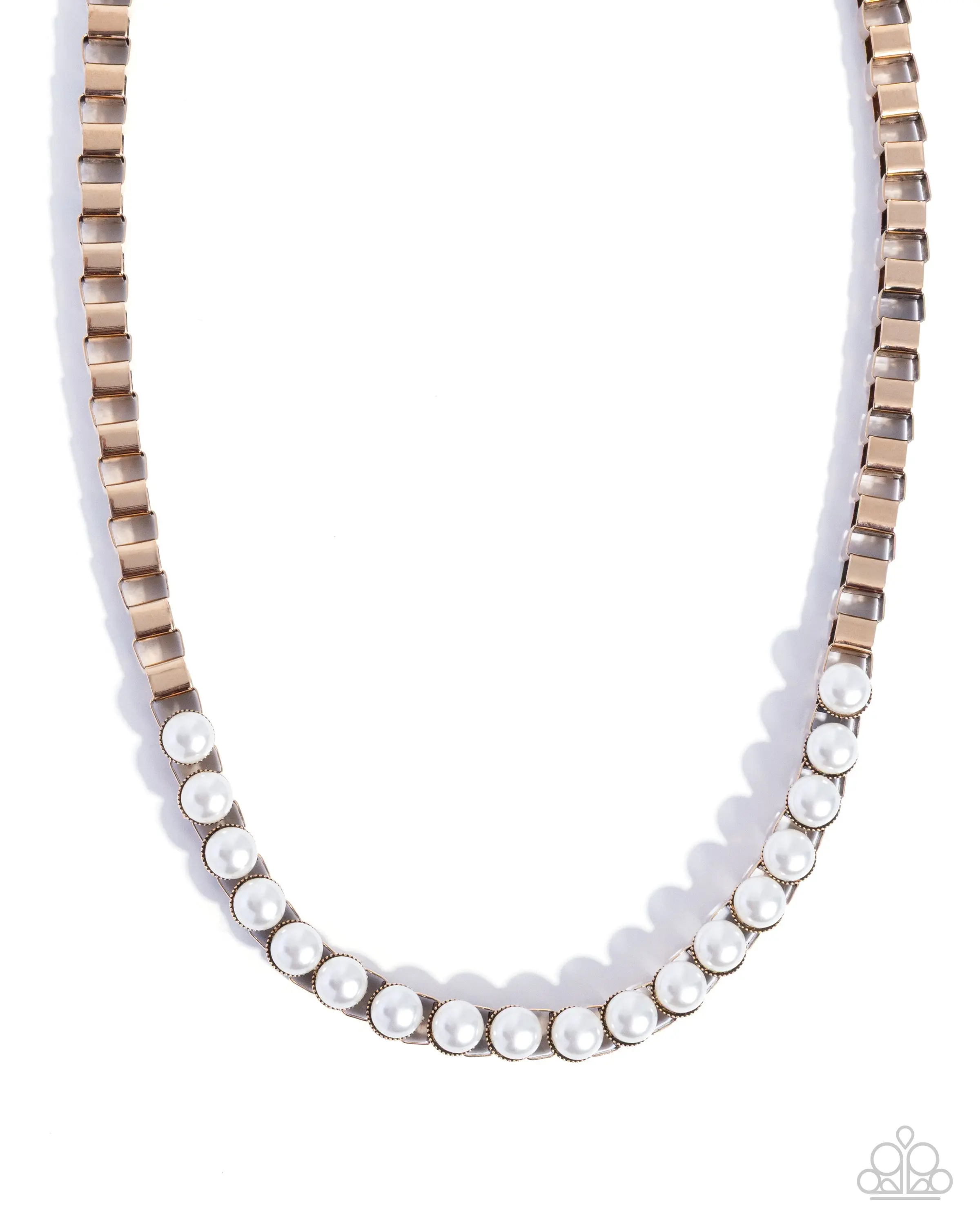 Interlocked Indulgence - Gold White Pearl Short Necklace - Paparazzi