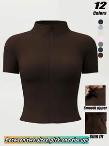 Women's Fresh Spring Summer Zipper Short Sleeve Jacket, High Stretch Quick Dry Yoga Top, Stand Collar Running Sports Outerwear, Activewear, Workout Clothes Fitted Stretchy Bodycon Dress Blazer All Season Slim Fit Blouse, must have