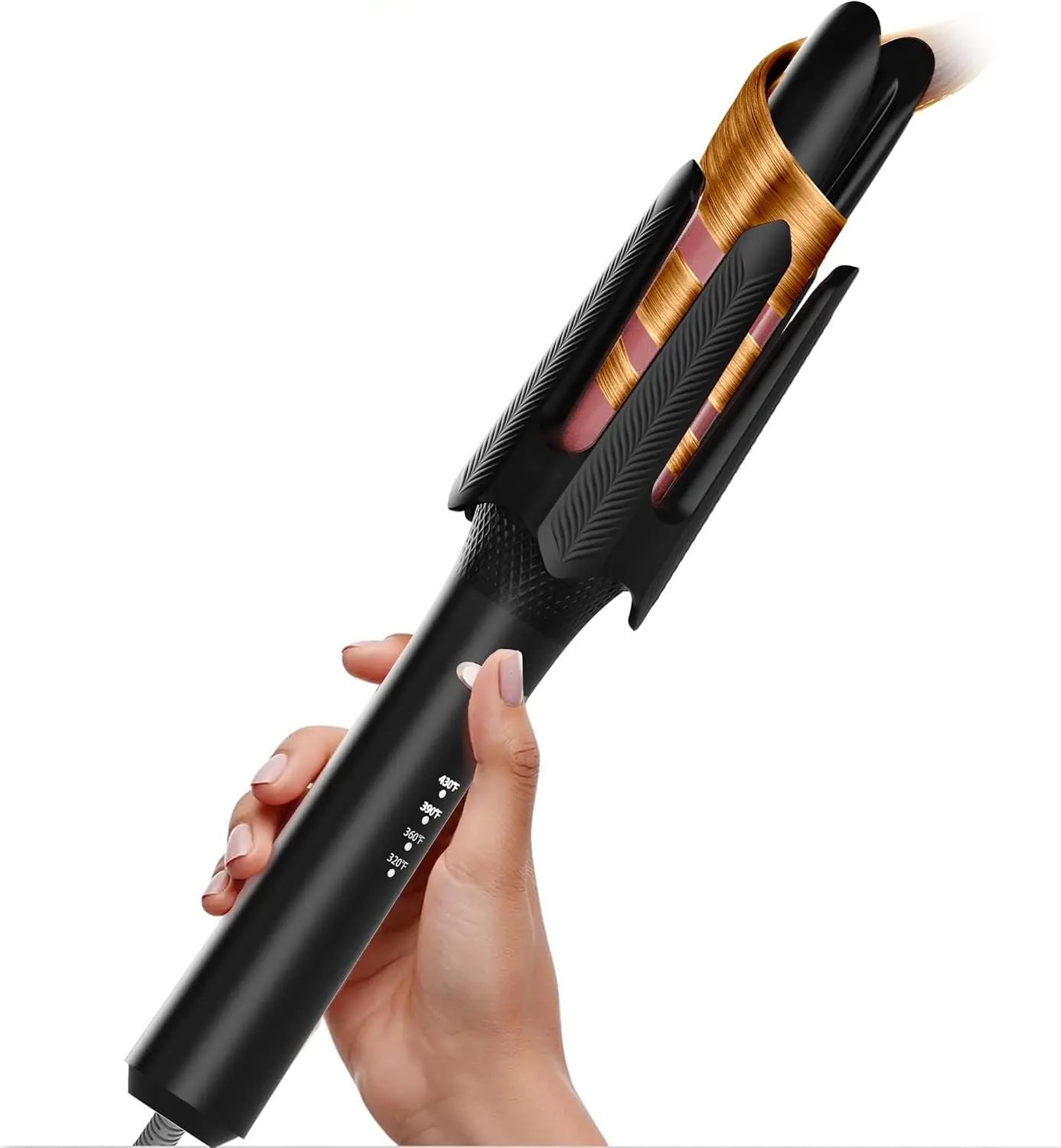 Auto Rotating Hair Curler - 4 Temperature and Timer Settings, Automatic Curling Iron with Automatic Shut-Off, Anti-Tangle and Scalding, Curling Wand for Long Lasting Curls (Black)