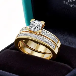 Yellow Gold Plated Bridal Sets Square 1CT Cz Luxury Engagement Ring 2pcs Womens Wedding Ring Sets