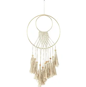 Cream Cotton Handmade Macrame Wall Decor with Wood Beads and Gold Circular Frame - Hanging Ornaments for Home Decor