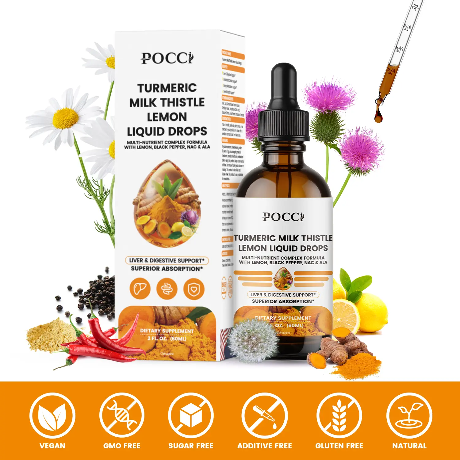 Pocci Vegan Liposomal Liquid Drops - 2 fl.oz (60ml) Turmeric, Milk Thistle, Lemon Herbal Detox Supplement for Lymphatic Drainage, Daily Cleanse, Digestive Health #DealsForYouDays, Lymphatic Drainage Supplements