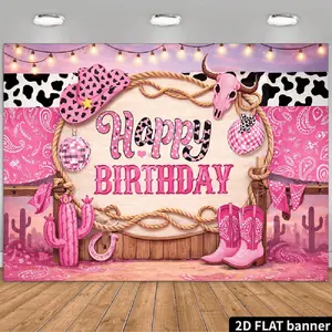2D Flat Banner Polyester Photography Backdrop, HD Digitally Printed Soft Lightweight Foldable Background Cloth with Pink Cowgirl Western Rodeo Happy Birthday Theme for Birthday Party Decorations, Photo Booth Props, Studio Photogra