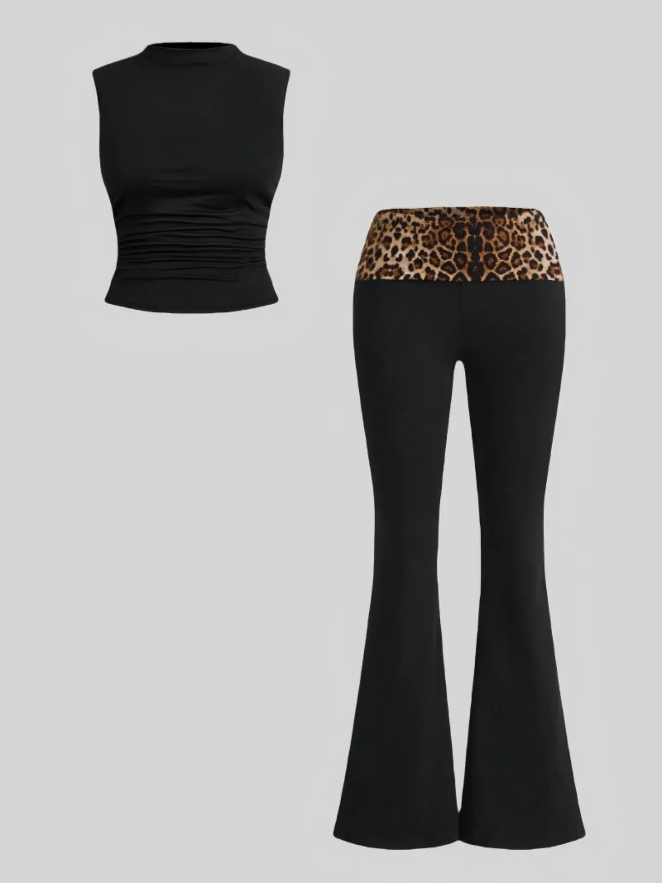 Women's Casual Round Neck Sleeveless Leopard Print Slim-Fitting High-Waisted Micro Flare Flared Long Pants Two-Piece Set Outfit