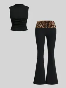 Women's Casual Round Neck Sleeveless Leopard Print Slim-Fitting High-Waisted Micro Flare Flared Long Pants Two-Piece Set Outfit