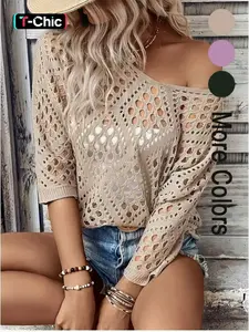 Women's Plain Hollow Out Sweater  Pullover, Casual Loose 3/4 Sleeve Crew Neck Jumper for Summer, Fashion Women's Knitwear for Daily Wear, Womenswear