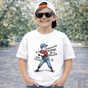 Boys Baseball Shirt - Wanna Be A Baller Shot Caller Tee for Youths,Baseball Player Graphic Shirt,Comfortable & Breathable Material,Sport Style Shirt for KIds