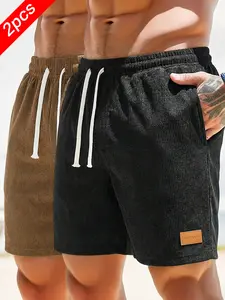 2-Pack Men’s summer corduroy solid-color straight-leg casual shorts, available in multiple colors, regular fit, breathable and comfortable, suitable for everyday wear, beach outings, and sports.