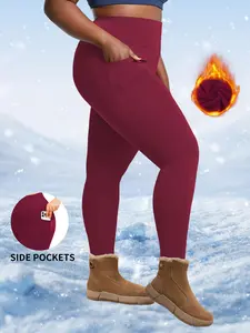 Plus Plain Dual Pocket High Waist Wide Waistband Warm Leggings, Casual Comfort High Stretch Skinny Pants for Daily Wear, Belly Tightening Fitness Workout Suit, Leggings With Pockets, Side Pocket Leggings