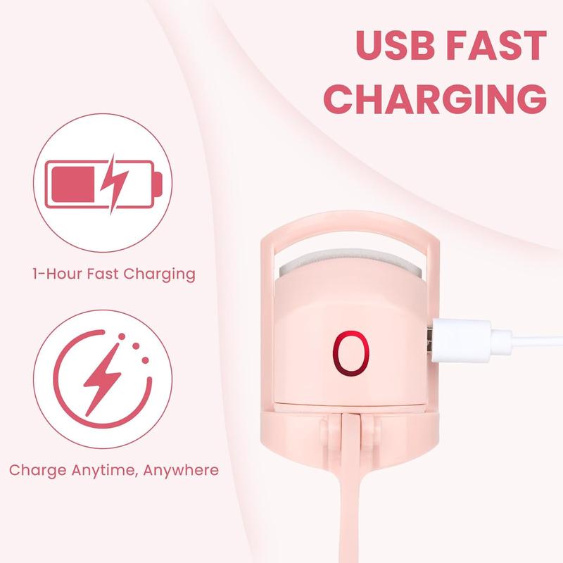 Electric Heated Eyelash Curler for Women USB Rechargeable Quick Heat-Up Multi-Temp Settings 24H Natural Curl Anti-Scald Silicone Portable Makeup Tool Pink Beauty Cosmetics