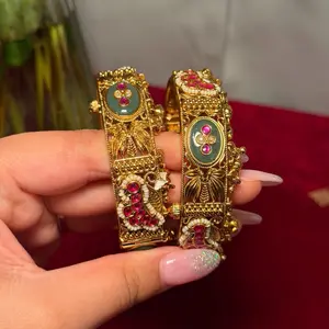 Gold Plated Kashmiri Kangan Kada with Intricate Design and Gemstone Accents