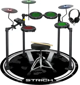 Electric Drum Set with Mesh Heads, LED Light-Up Drum Pads, USB MIDI, Quiet Foldable Electronic Drum Kit with Throne, Headphones & Drum Mat for Beginners and Home Practic, SED-T03
