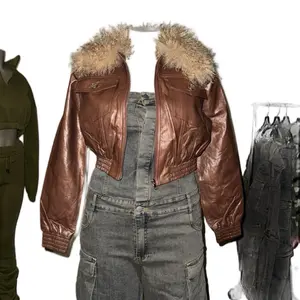 Brown Copper Look Jacket with Furry Collar - Stylish and Warm Outerwear for Everyday Wear Faux Womenswear Coats Long Sleeve