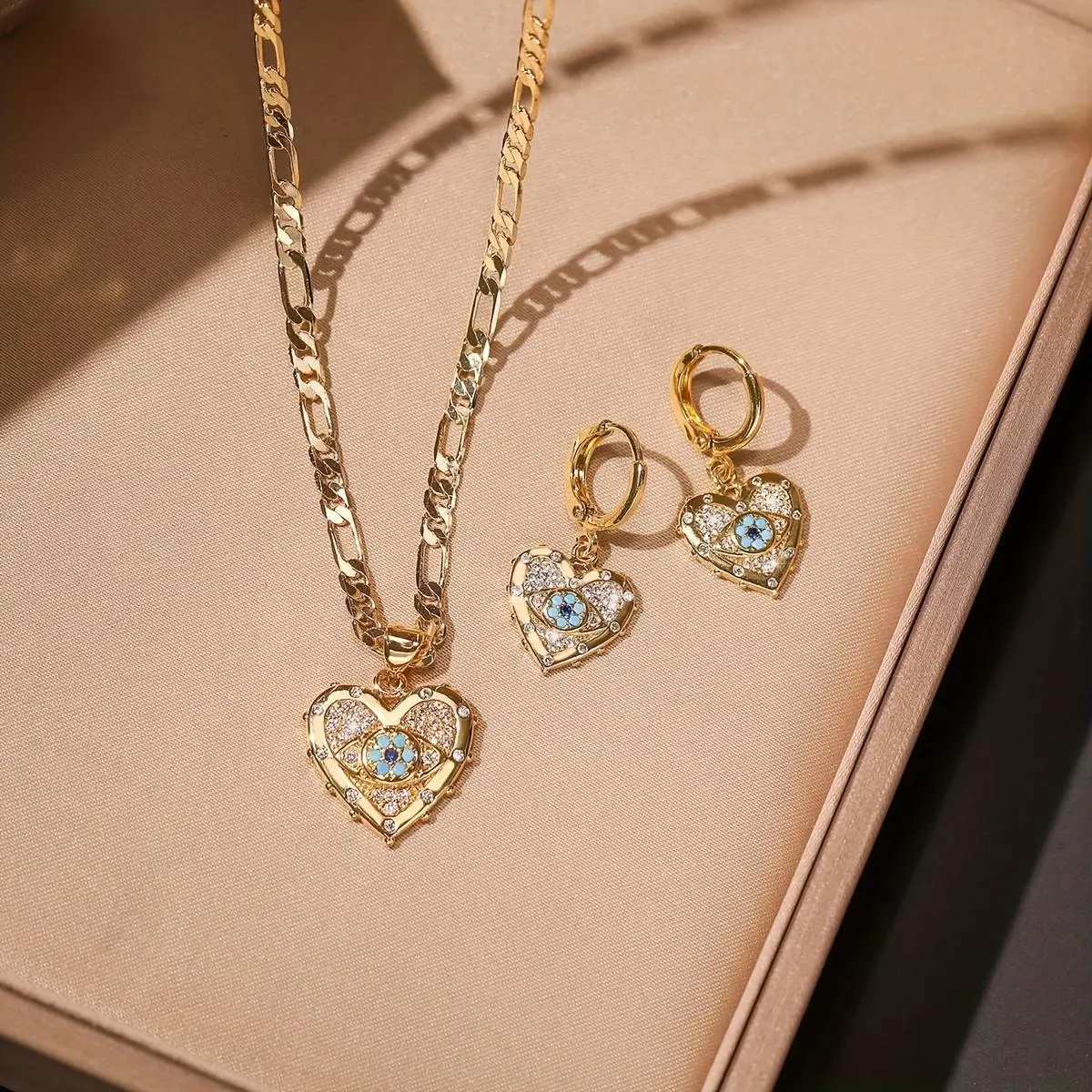 MARS2059 2PCS 14K Gold Plated Open Twist Eternity Blue Eye Pendant Necklace for Women Luxury Retro Style Party Wear