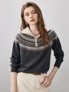 COMOBOCA 100% Wool Women's Fair Isle Zip Up Sweater for Cozy Winter Wear - Figure Flattering Design