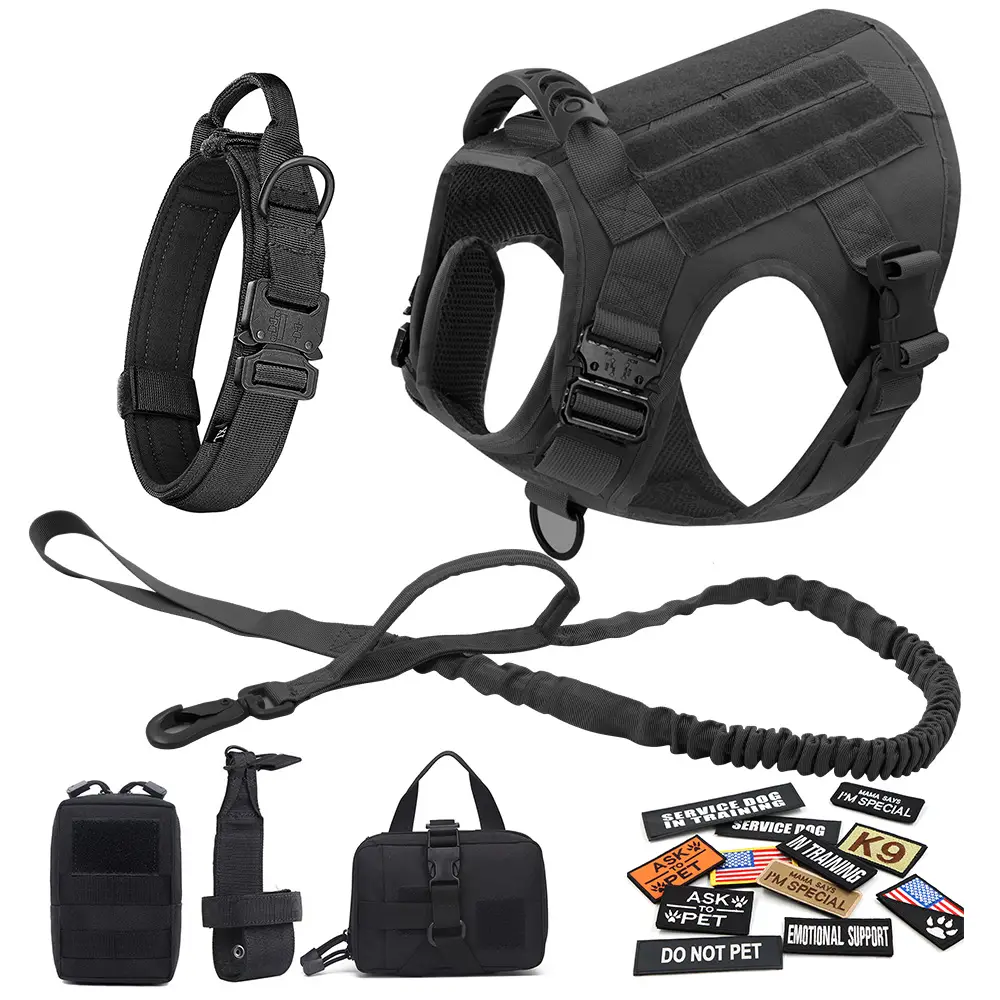 Tactical Dog Harness and Easy Control Training Dog Collar with Bungee Dog Leash Set, Heavy Duty Dog Harness with Handle, No-Pull Service Military Dog
