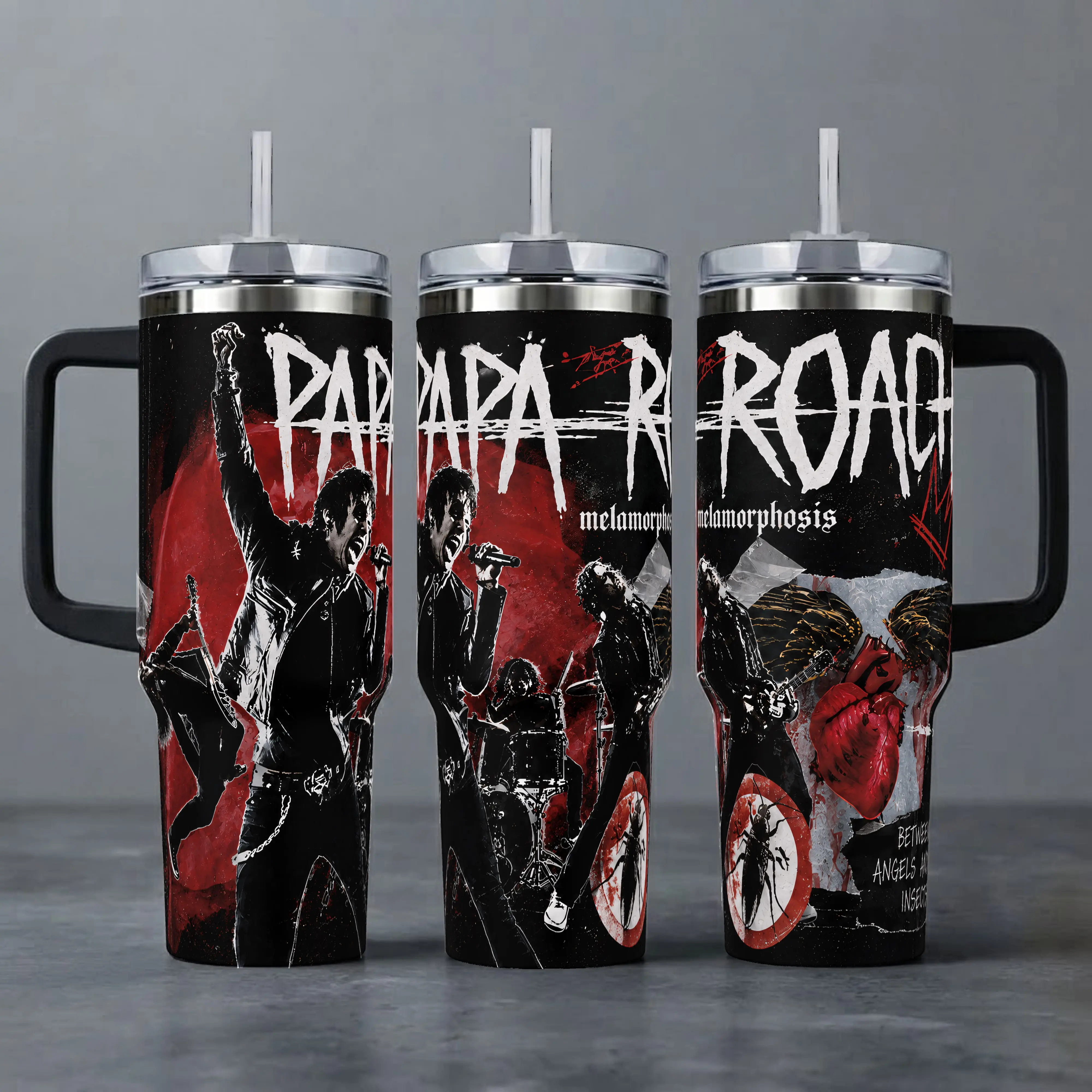 Papa Roach Band Metamorphosis Rock Music Red Heart Bug 40 20 oz Insulated Tumbler Stainless Steel Handle Straw Keeps Drinks Hot Cold Alternative Rock Merch For Music Fans Drinkware Tumbler Water Bottles Portable Bottled
