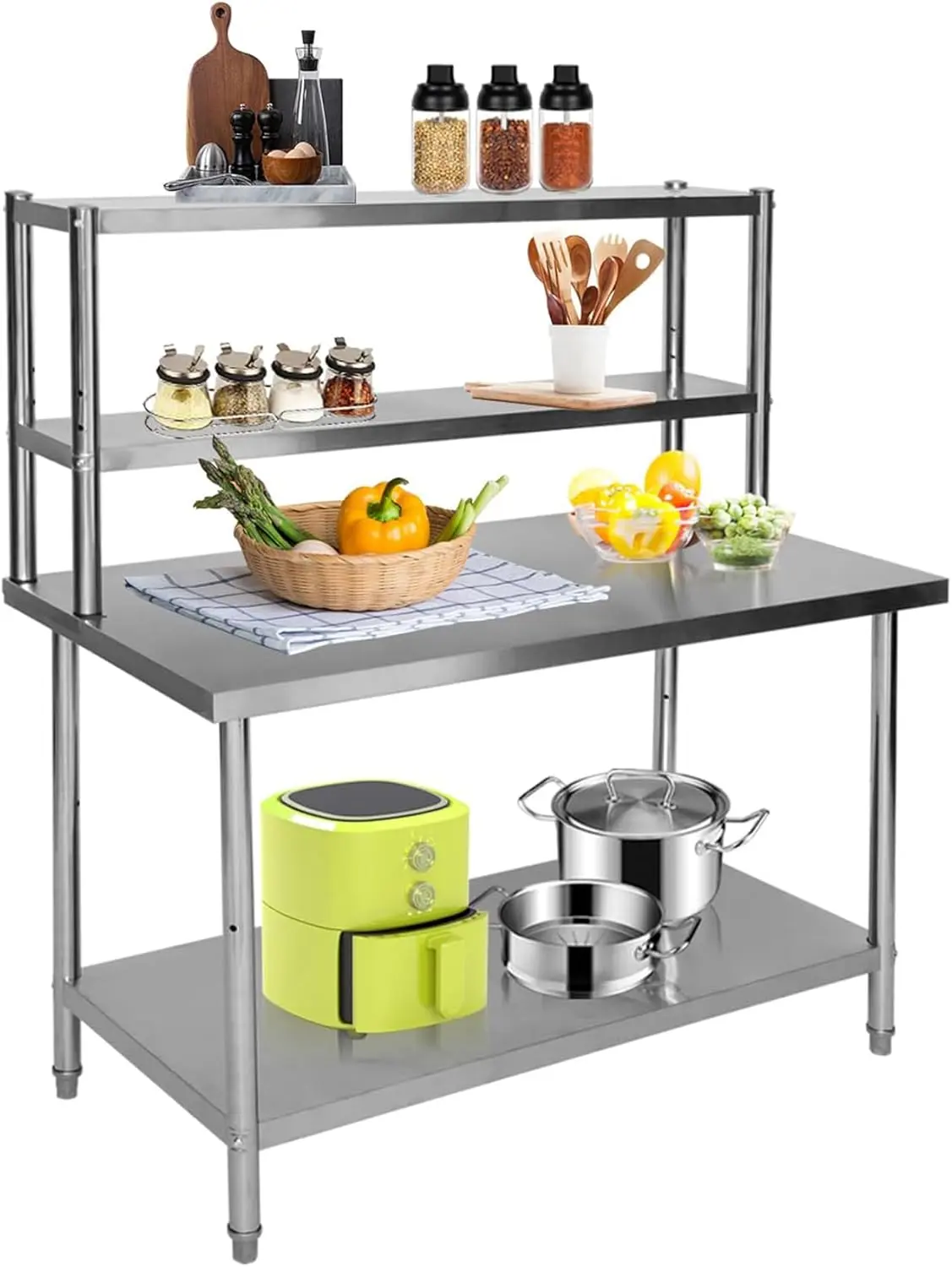 Stainless Steel Table with Overshelves, Metal Kitchen Prep Table, Adjustable Lower Shelf, 48'' x 24'' Commercial Workbench with 48'' x 12'' Shelf for Home Kitchen Restaurant Garage Warehouse