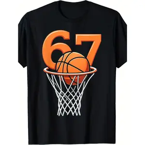 100% cotton Men'S Six Seven 6-7 Basketball Meme T-Shirt - Features The Number 67 And a Basketball Hoop Design, Print Casual Street Sportswear, Regular Fit Round Neck T-Shirt, Suitable for Sports And Party Casual Outfits - Men'S 67 Print T-Shirt