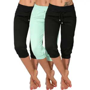 Set of 3 Women'S Lightweight Capri Yoga Trousers - Casual Style Featuring Drawstring Waist And Pocket Design, Breathable Long Pants Ideal for Spring And Summer, Machine Washable, Available in Black, Gray, Khaki, And Green