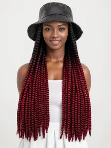 Long Ombre Black Burgundy Synthetic Havana Mambo Twist Braided Hair Extensions Cap Wig Spring Braiding With Bucket Hat