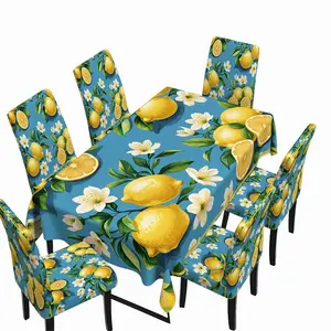Lemon Floral Tablecloth & Chair Covers Set (2/5/7PCS) Blue Background Fresh Dining Room Decor Dining Chair Slipcover