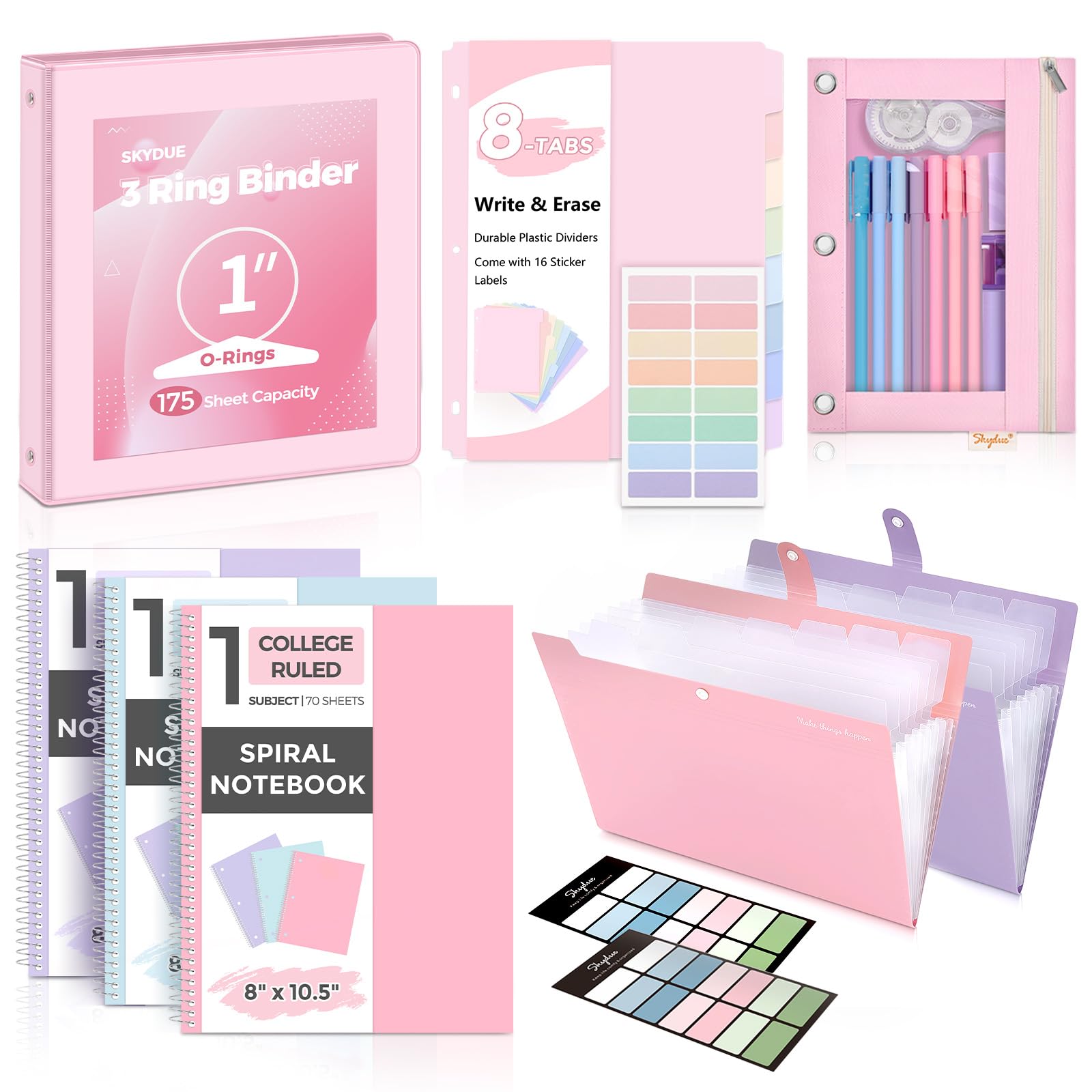 SKYDUE Aesthetic School Supplies Bundle - 1" Binder, 2 File Folders, 3 Notebooks, 8 Dividers, Pencil Pouch - Classroom Supplies, Office Study Materials for Back to School Essentials,back to school haul,college school supplies,back to school shopping