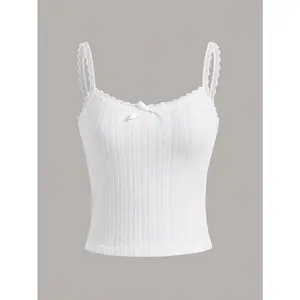 Women's White Lace Bow Front Strap Top - Sleeveless Ribbed Knit Short Top, Delicate Lace Trim, Casual Summer Wear, Machine Washable