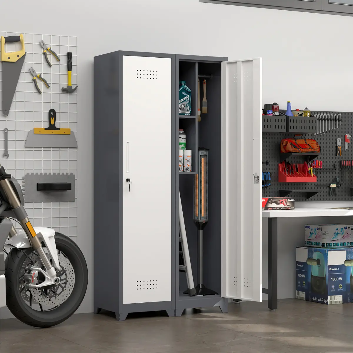 Metal Broom Storage Cabinet, 65" Naow Broom Cabinet With Hooks, Slim Bathroom Storage Cabinet With Shelves, Heavy-Duty Cleaning Storage Cabinet For Utility Room, Gym, Office, Garage, Utility Shelves
