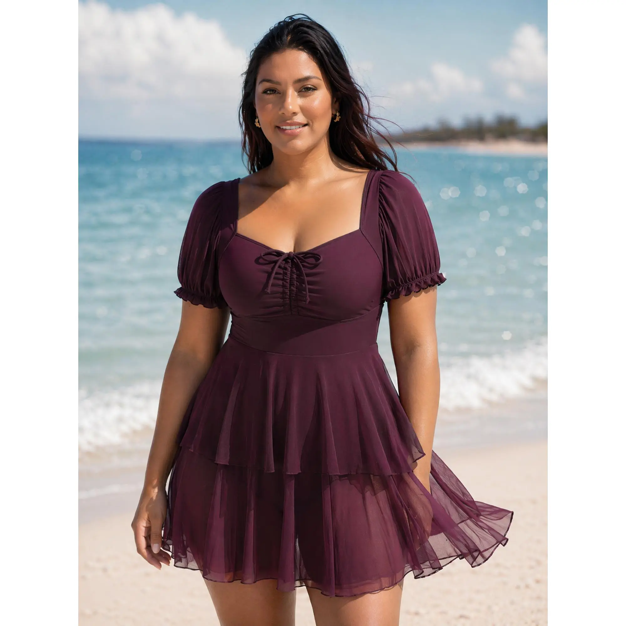 BloomChic Plus Size Solid Tiered Swim Dress with a Sheer Ruched Bodice and Built-in Bikini Bottoms,Plus Size Bathing Suits,Swimsuit Plus Sizes,Summerfinds