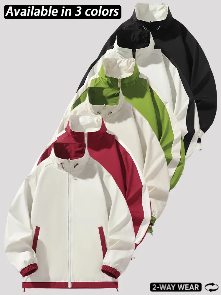 Men’s Reversible Colorblock Windbreaker Jacket, 2-Way Wear Full Zip Stand Collar Lightweight Casual Coat with Side Pockets, Elastic Cuffs & Adjustable Hem, Black Red Green Streetwear Outerwear for Daily Wear