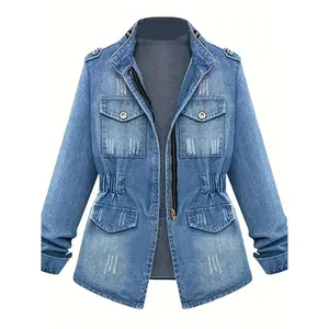 NewWomen Plus Size Denim Jacket Ripped Zipper Long Sleeve Denim Top with Pockets Casual Coat Collar Cotton Fabric Women's Blue Coat Polyester Solid Color