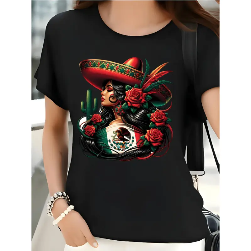 Women's Short-Sleeve Crewneck T-Shirt, Vibrant Mexican Floral Print, Sombreros Theme Casual Top, Ideal for Easter, Mothers Day - Sports & Outdoor Womenswear