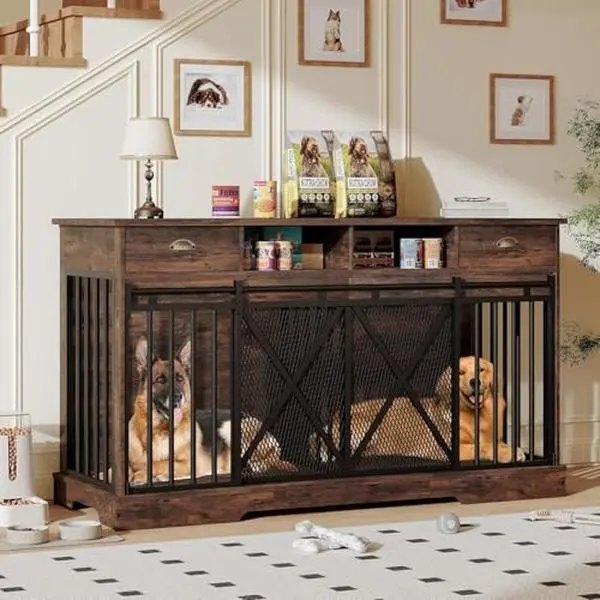 63" Extra-Large Brown Wooden Double Dog Crate Furniture - Removable Divider, Heavy-Duty Indoor Puppy Kennel Cabinet with 2 Storage Drawers, Open Shelves, Living Room Dog Cage Console (Wooden Crates)