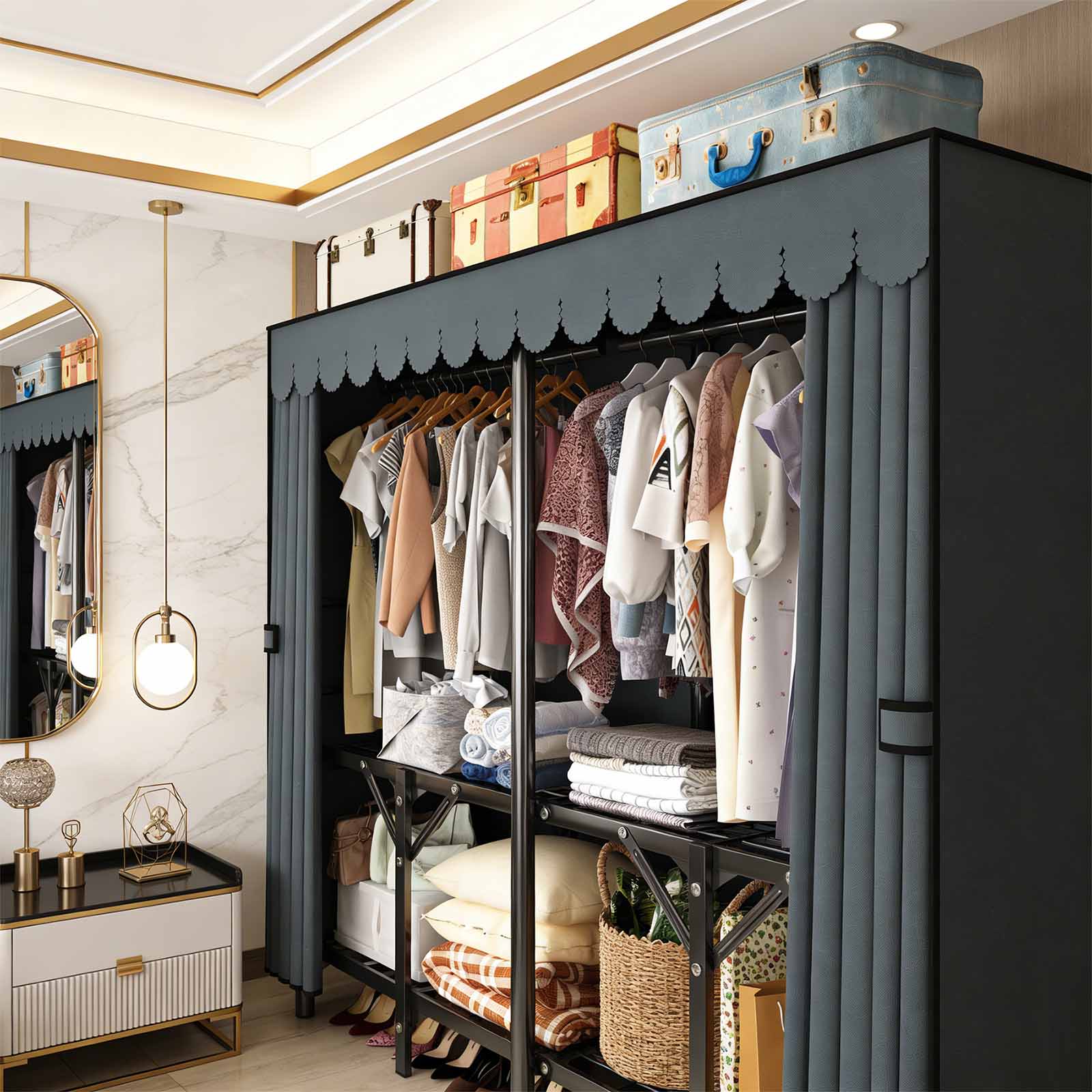 Portable Wardrobe Closet for Hanging Clothes Folding Heavy Duty Clothes Rack with Cover Large Covered Freestanding Foldable Closets Bedroom Armoire Storage Garment Racks