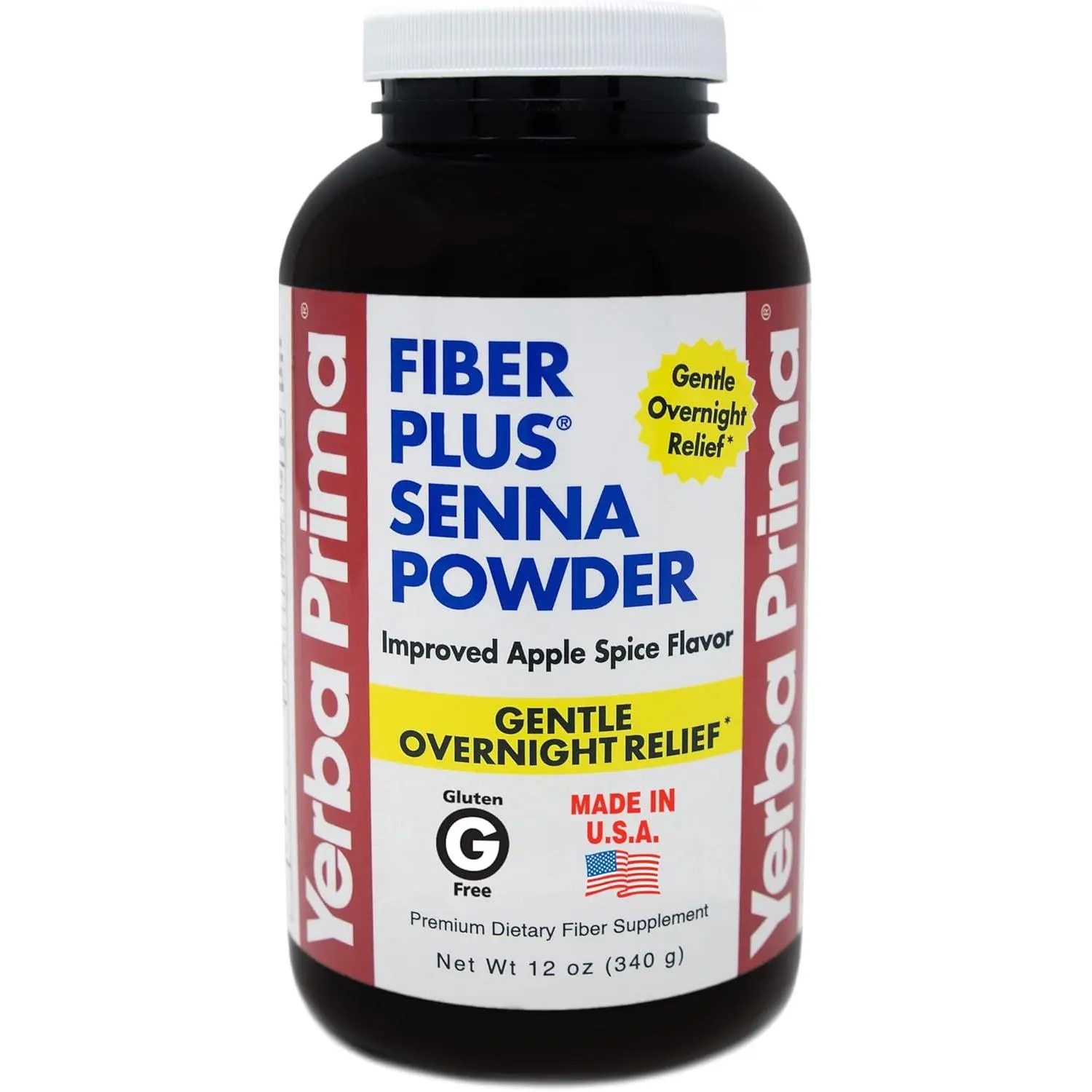 Yerba Prima Fiber Plus Senna Powder, 12 oz (Pack of 1) - Apple Spice Flavor, Gentle Overnight Relief, USA Made, Non-GMO, Stevia Sweetened, Short-Term Use to Restore Regularity