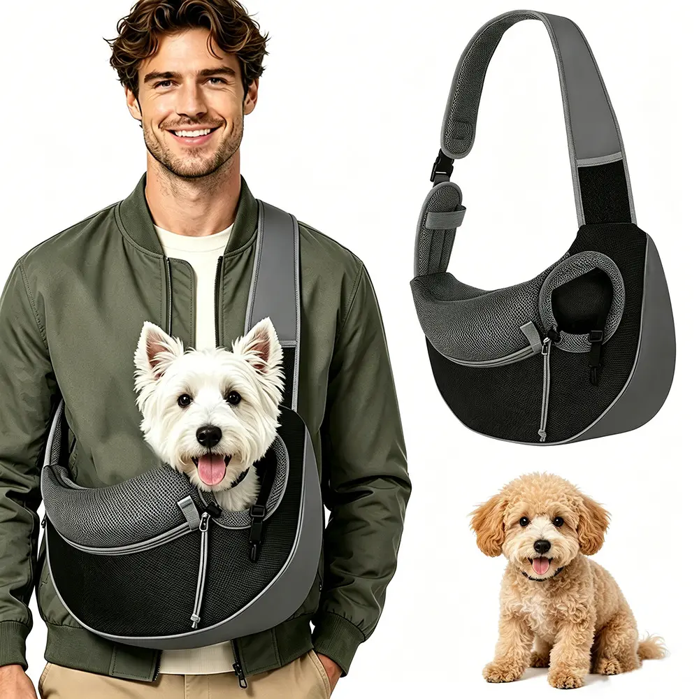 Dog Sling Carrier for Small Pets, Cat Sling for Kitten and Puppy, Breathable Cat Pouch Pet Purse with Soft Mat, Hands-Free Portable Pet Carrier with Safety Harness for Travel, Hands Free Small Animal Puppy Supplies