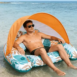 Inflatable Pool Float with Canopy, Tropical Leaf Print Lounge Chair with Cup Holder, Perfect for Adult Summer Beach Parties, Pool Parties, Lakes